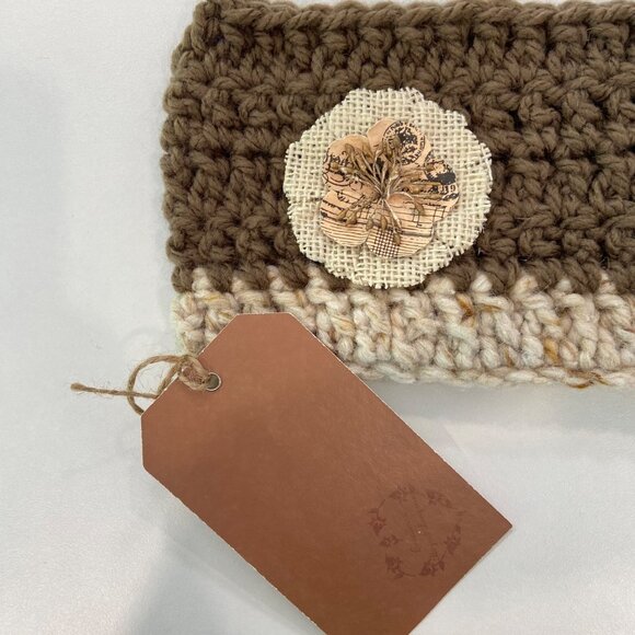 Handcrafted Crochet Brown & Cream Headband With Burlap Flower Accent - Picture 3 of 7
